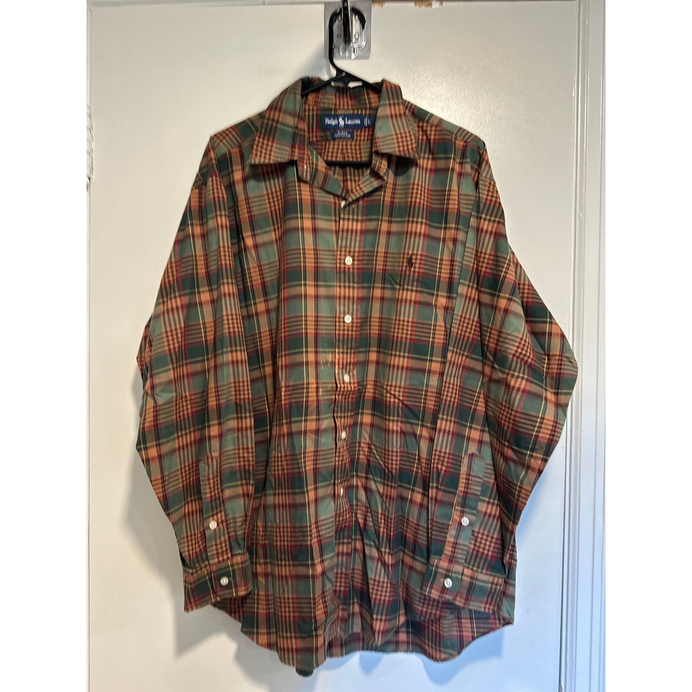 Ralph Lauren Preppy Blake Plaid Button Down Shirt Sz:L Green Orange Cotton